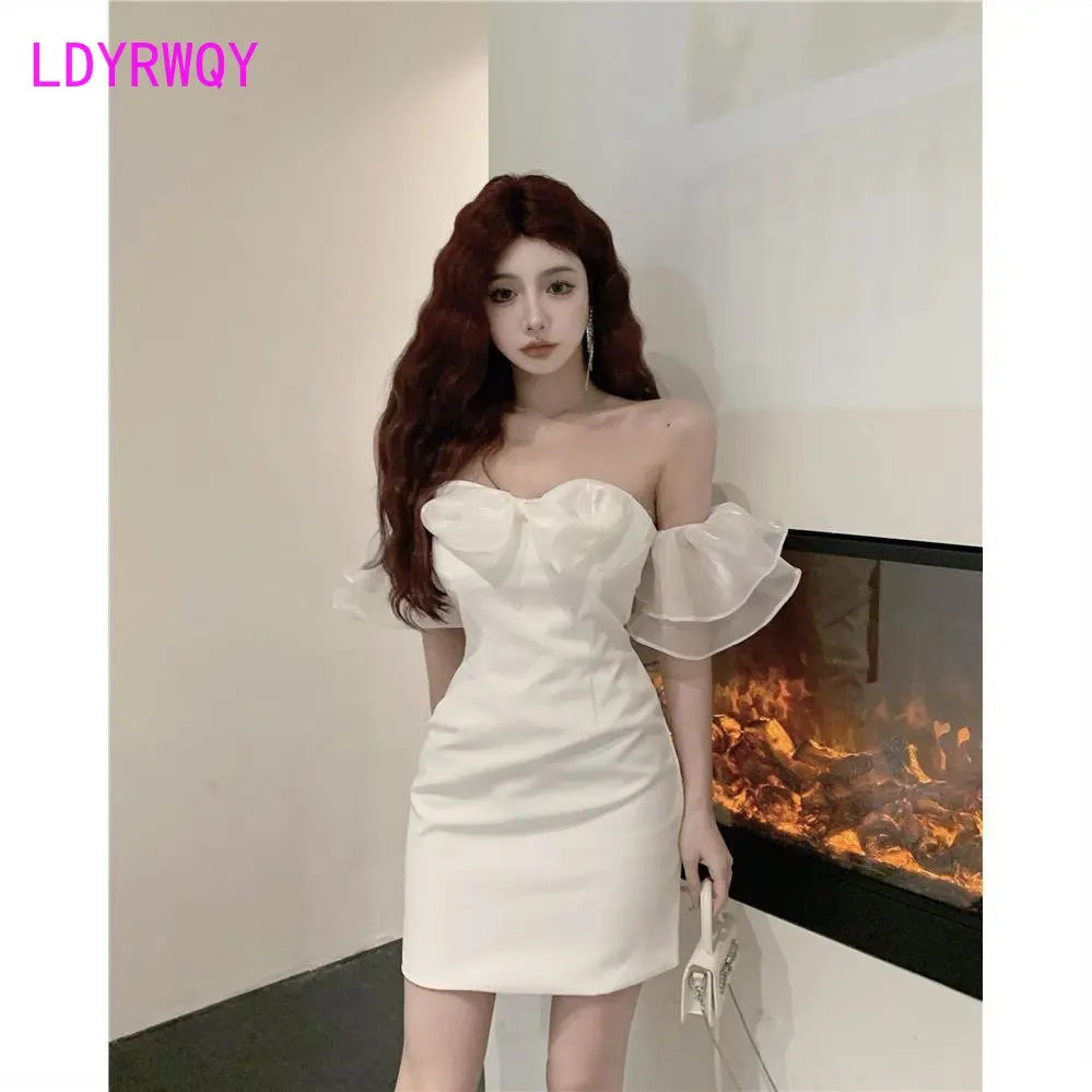 off-shoulder, puffy gauze, bow tie dress