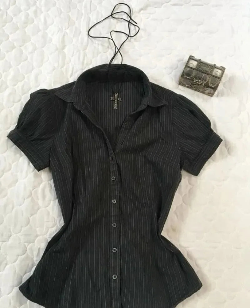 Short Sleeve Slim Fit Button Up Blouse