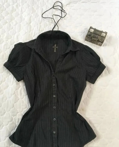 Short Sleeve Slim Fit Button Up Blouse