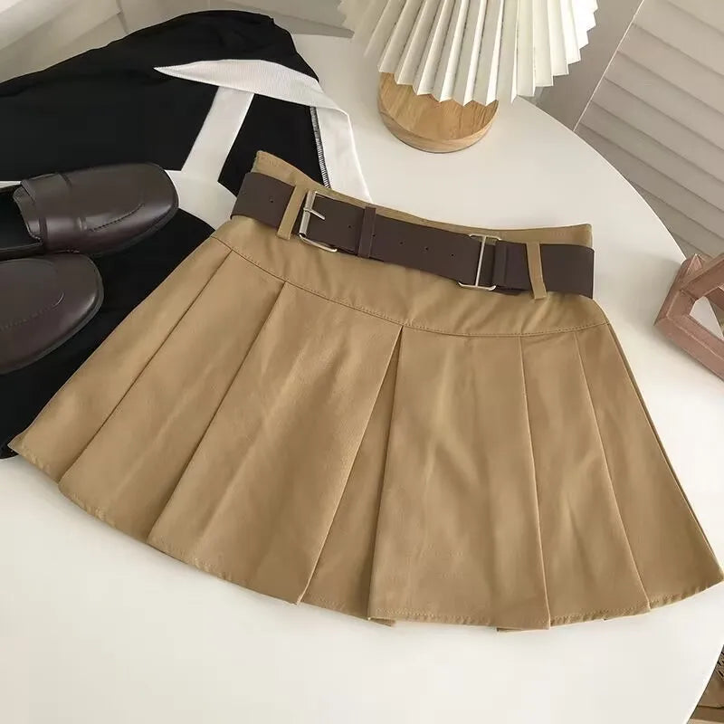 Faldas mini plisadas estilo Harajuku coreano para mujer, Lolita, lisas con cinturón, estilo preppy vintage, cintura alta, gótica, falda Y2k de verano