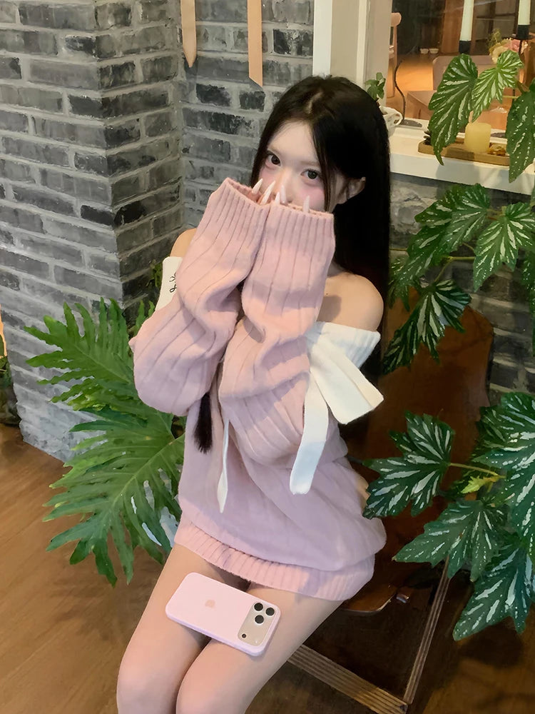 Sweet Bow Knitted Mini Dress
