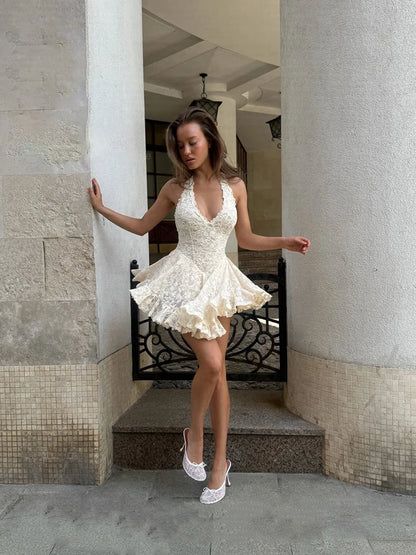 Minivestido de encaje para mujer, elegante, cuello en V, con cintura ceñida, falda con bajo acampanado, estilo callejero, sin espalda, vestido de verano halter para mujer