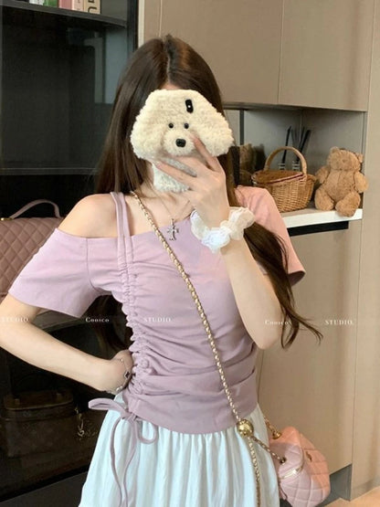 Sweet One Shoulder Drawstring Short Sleeve T Shirt