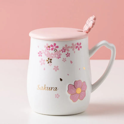 Cherry Blossom Ceramic Mug With Lid & Spoon