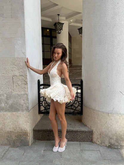 Minivestido de encaje para mujer, elegante, cuello en V, con cintura ceñida, falda con bajo acampanado, estilo callejero, sin espalda, vestido de verano halter para mujer