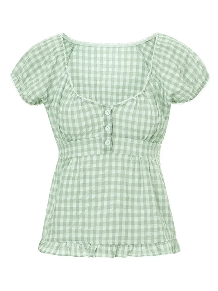 Puff Short Sleeve Square Neck Ruffle Shirt