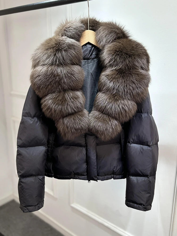 Lagabogy 2025 Abrigo casual cálido de mujer, parka de plumón, abrigo de lujo con cuello de piel de zorro natural, chaqueta de plumón de pato blanco para mujer