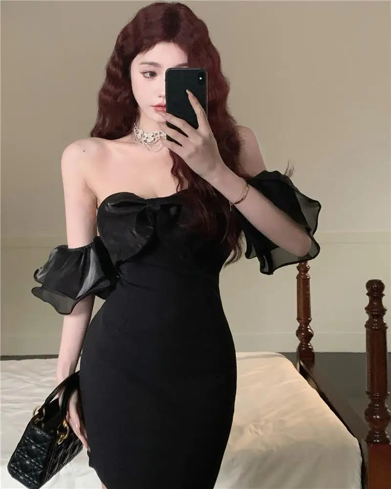 off-shoulder, puffy gauze, bow tie dress