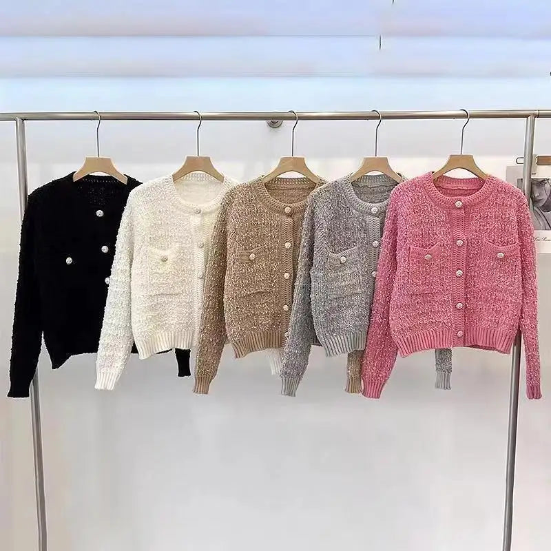 Cárdigan de punto grueso de manga larga para mujer, cuello redondo, un solo botón, Otoño-Invierno 2025, Moda Coreana