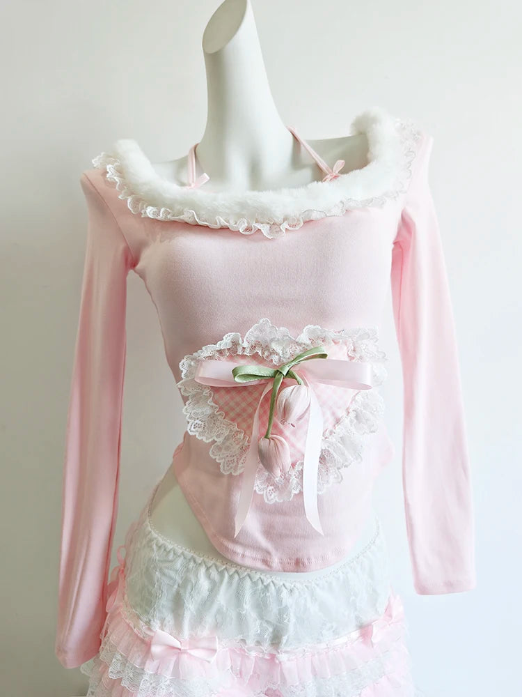 Halter Neck Long Sleeve Top with Lace Heart Patch & Bows