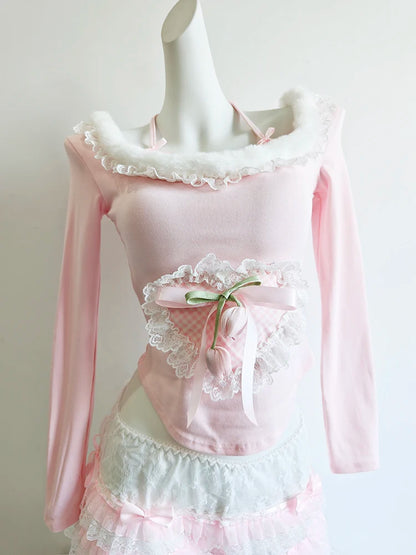 Halter Neck Long Sleeve Top with Lace Heart Patch & Bows