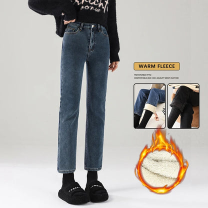 Pantalones vaqueros cálidos de invierno para mujer, gruesos, suaves, cómodos, elásticos, de mezclilla, moda coreana, rectos, de terciopelo, ropa de abrigo femenina