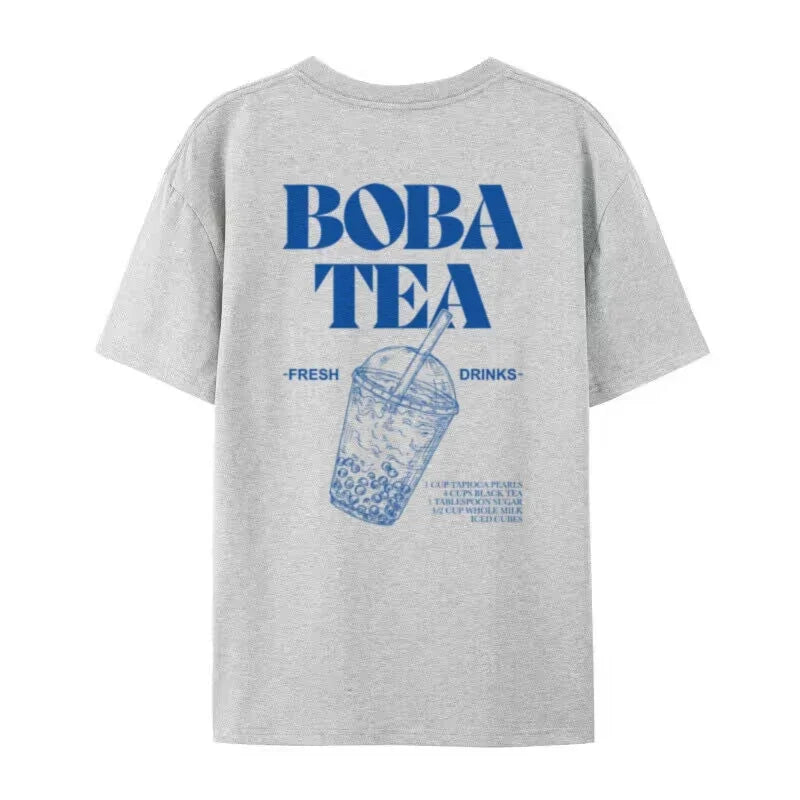 Camiseta con estampado trasero de Boba Tea, camisetas gráficas bonitas de té de burbujas para mujer, camisetas retro estéticas de comida, camisetas unisex sueltas de moda vintage