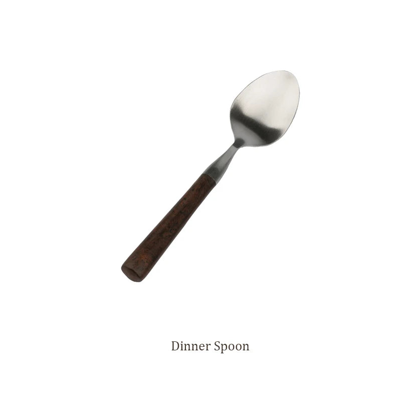 Retro Wooden Handle Dinner Knife Fork and Spoon Set