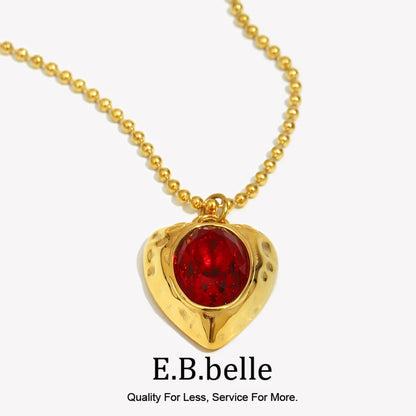 E.B.belle PVD Plated Beaded Chain Heart Shape Red Gemstone Pendant Necklace
