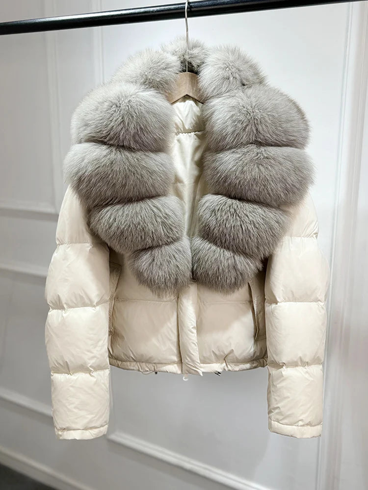 Lagabogy 2025 Abrigo casual cálido de mujer, parka de plumón, abrigo de lujo con cuello de piel de zorro natural, chaqueta de plumón de pato blanco para mujer