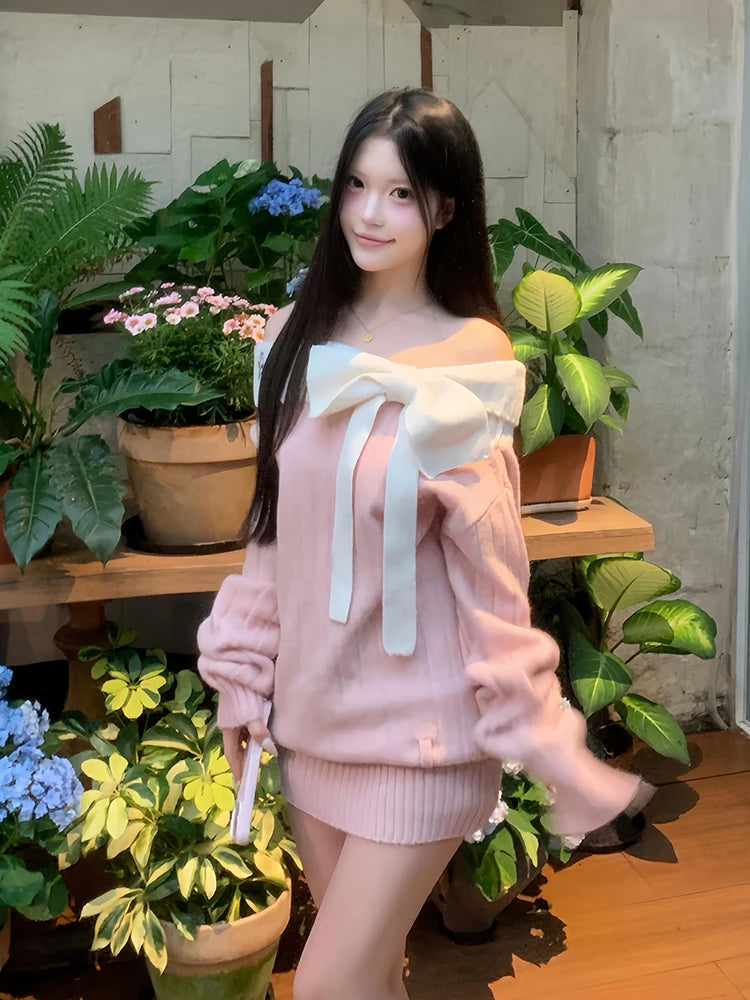 Sweet Bow Knitted Mini Dress