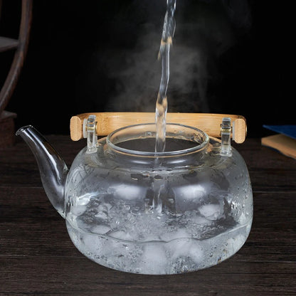 High Borosilicate Glass Chinese Tea Ceremony Clear Teapot with Filter Wood Handle