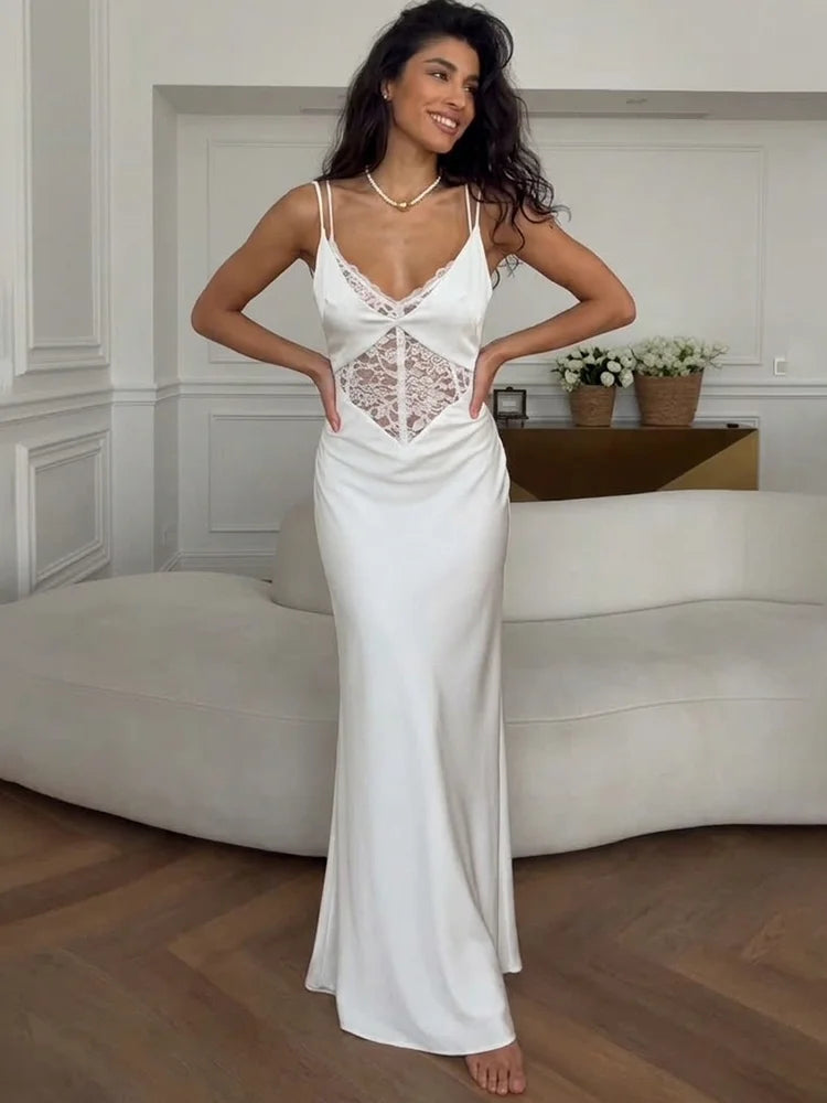 Lace Sleeveless Hollow Out Backless High-Waisted Patchwork Dress