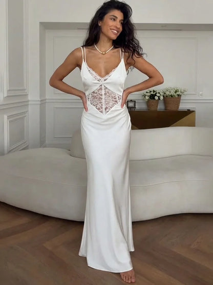 Lace Sleeveless Hollow Out Backless High-Waisted Patchwork Dress