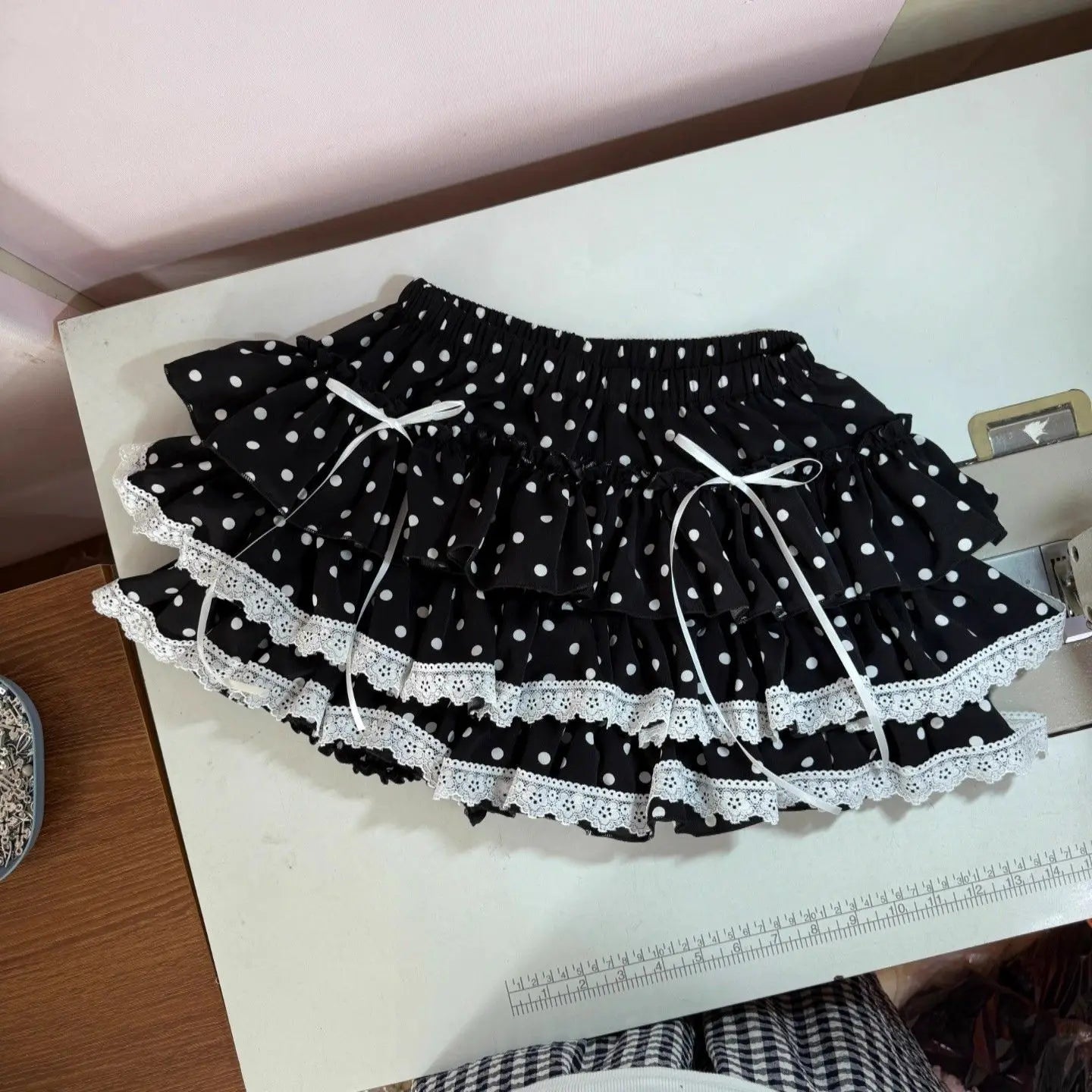 Polka Dot Tiered Ruffle Lace Trim Skirt