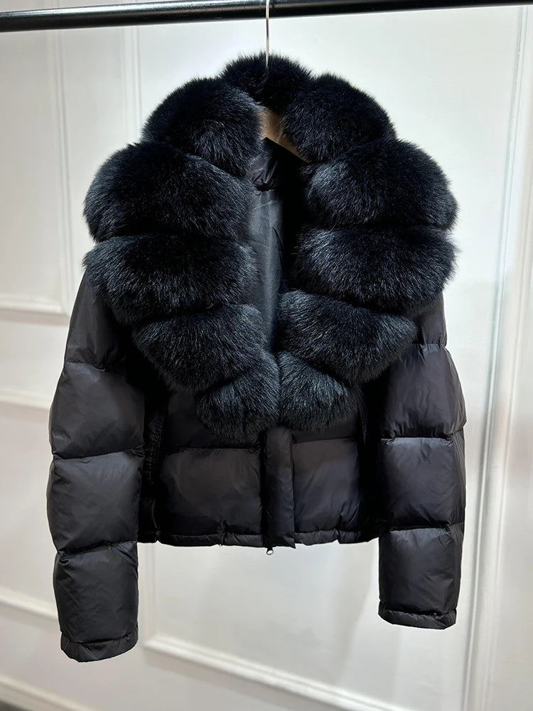 Lagabogy 2025 Abrigo casual cálido de mujer, parka de plumón, abrigo de lujo con cuello de piel de zorro natural, chaqueta de plumón de pato blanco para mujer