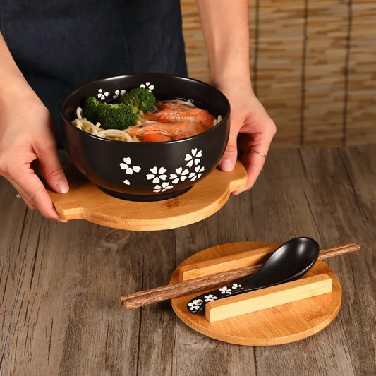 Ceramic Japanese Style Rice Noodle Bowl with Lid Spoon Chopstick