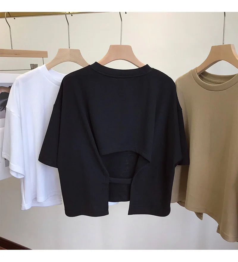 Backless Short O-Neck Solid Color T-Shirt
