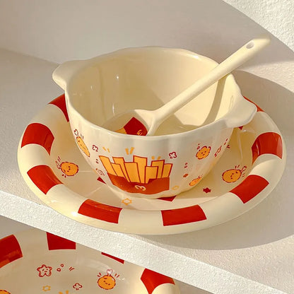 French Fries Ceramic Double Handle Bowl with Spoon