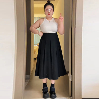 Midi Skirt A-Line Pleated High Waist