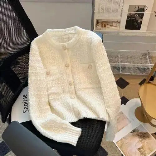 Cárdigan de punto grueso de manga larga para mujer, cuello redondo, un solo botón, Otoño-Invierno 2025, Moda Coreana
