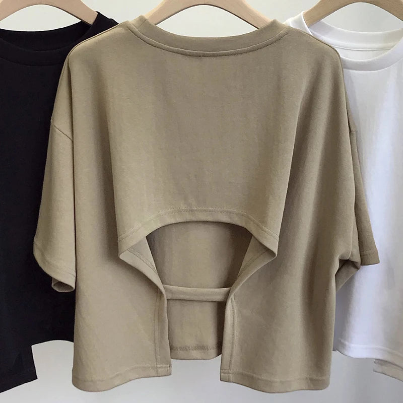 Backless Short O-Neck Solid Color T-Shirt