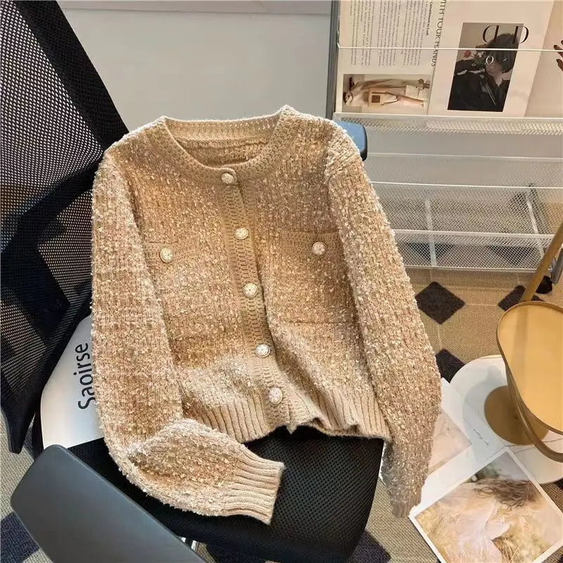 Cárdigan de punto grueso de manga larga para mujer, cuello redondo, un solo botón, Otoño-Invierno 2025, Moda Coreana