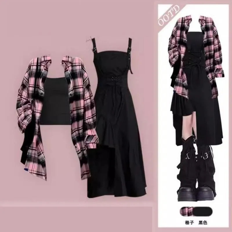 Plaid Shirt + Irregular Dress Set