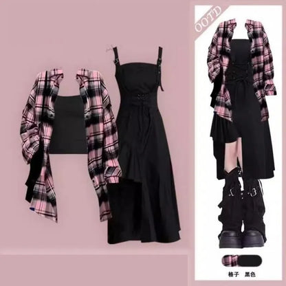 Conjunto de dos piezas de camisa a cuadros y vestido sexy irregular a juego, moda de verano/otoño, elegante cárdigan de estilo coreano con falda a rayas para mujer