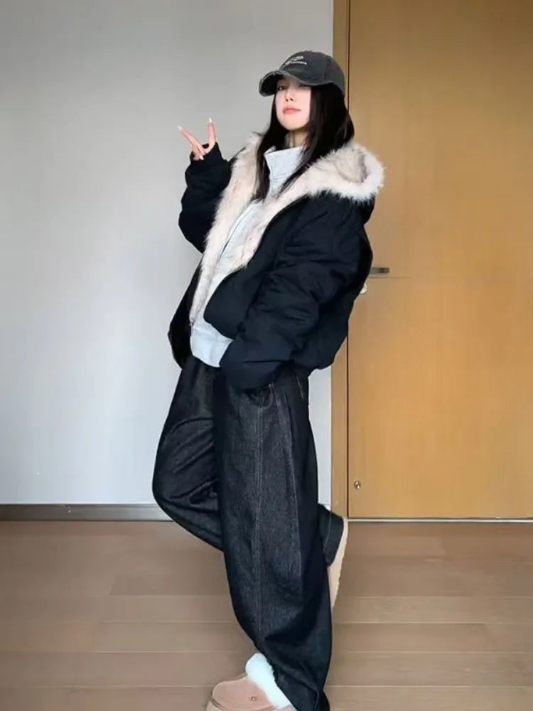 Abrigo Otoño Nuevo Elegante Forro de Piel Holgado Mujer Y2k Cuello de Piel con Capucha Parkas Gruesas de Moda Abrigo Casual Chaquetas Acolchadas de Algodón