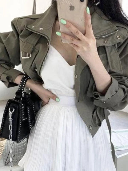 Zipper Drawstring Collar Short Loose Fit Double Jacket