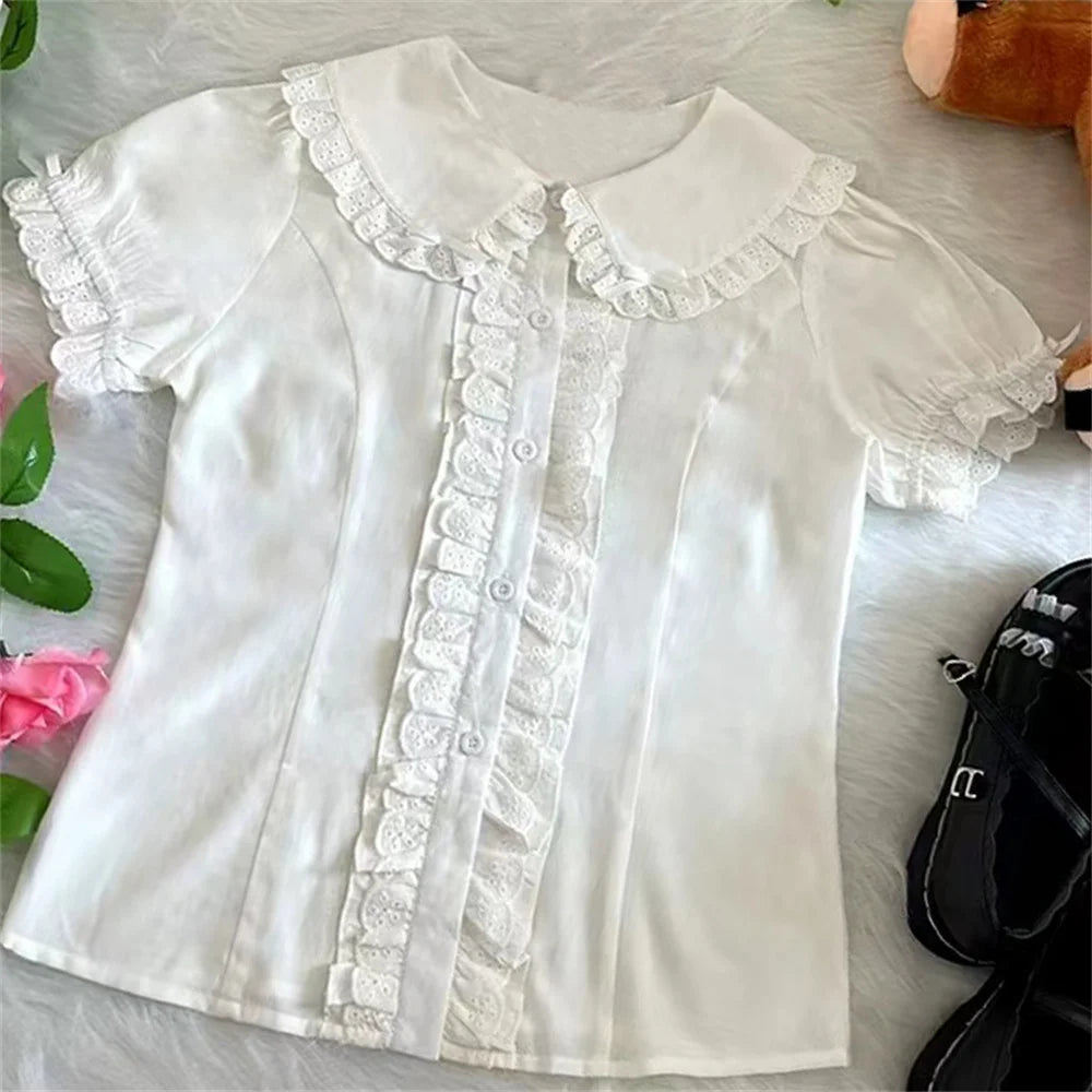 Lace Up Patchwork Ruffles Short Blouse