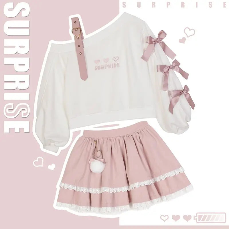 Conjunto de top con lazo bordado, cuello oblicuo, contraste de cuero y tirantes + Falda de pastel con encaje empalmado