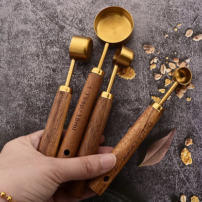 Gold Wooden Handle Stainless Steel Measuring Cups