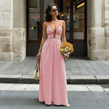Deep V-neck Striped Beach Dress
