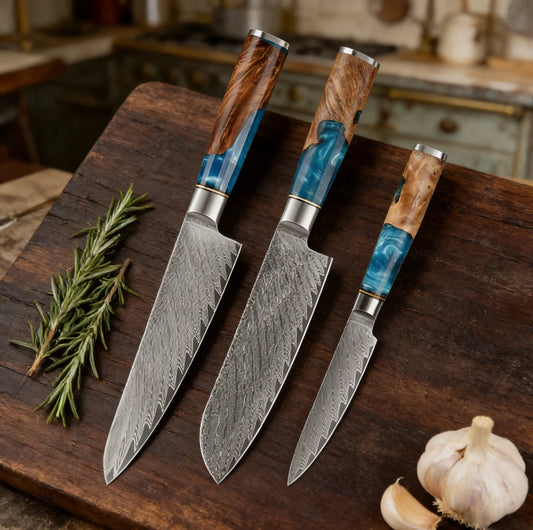 Blue Resin Wood Handle Kitchen Chef's Knife Three-Piece Set