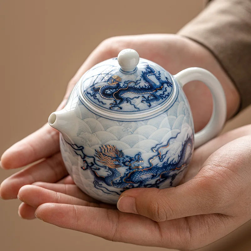 Metal Inlay Blue and White Dragon Teapot