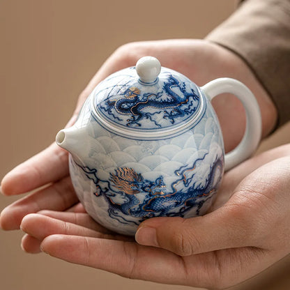 Metal Inlay Blue and White Dragon Teapot