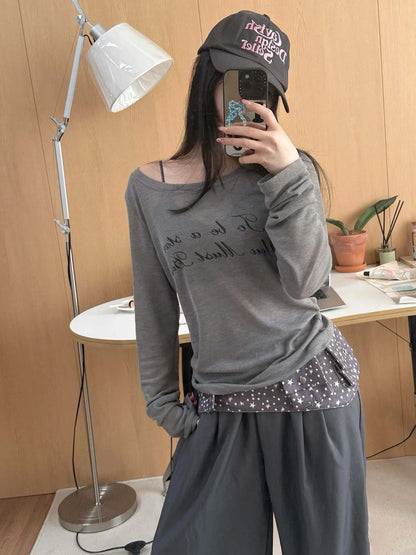 Letter Print Relaxed Fit Long Sleeve sun-protective shirt Fitted Top
