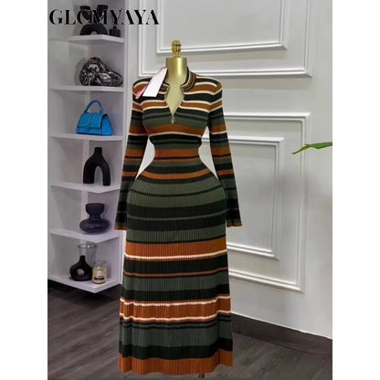 Striped Long Sleeve V-neck Maxi Dress