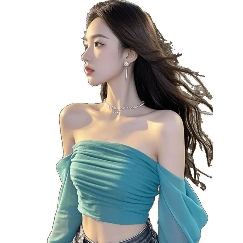 line shoulder mesh long sleeve T-shirt