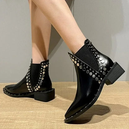 2025 Botines de Mujer Nuevos, Sexy, con Punta Fina, Estilo Punk, Decorados con Remaches, Botas de Caballero para Mujer, Botines Cortos Cálidos y a la Moda para Invierno
