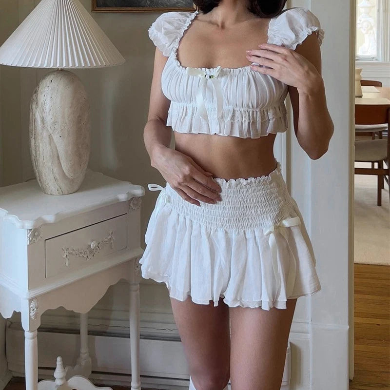Conjunto de 2 piezas con lazo, fruncido y volantes