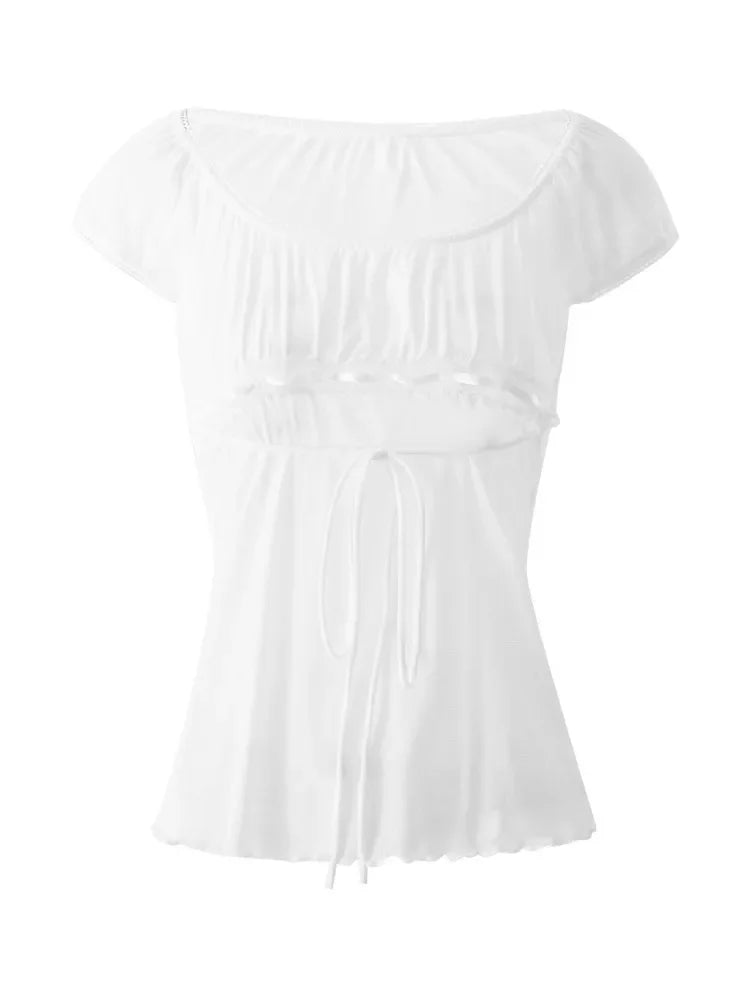 Lace Trim Cap Sleeve Low Cut Shirt